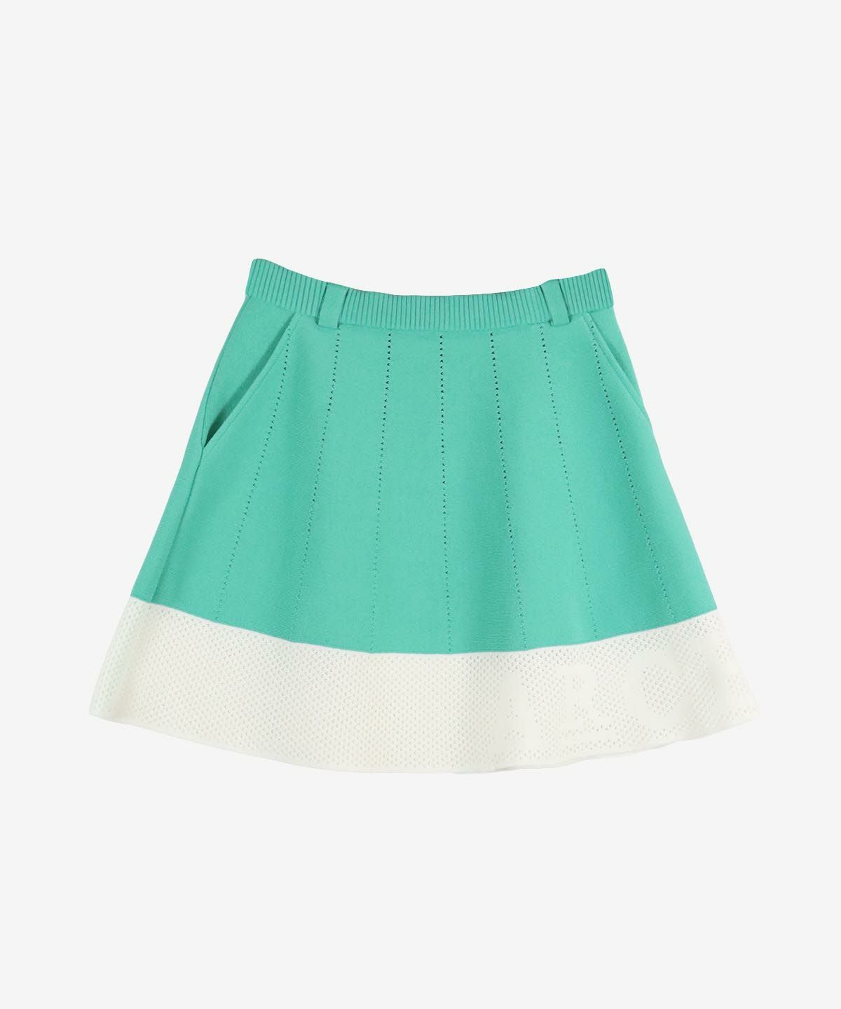 バイカラーフレアニットスカート前（グリーン）