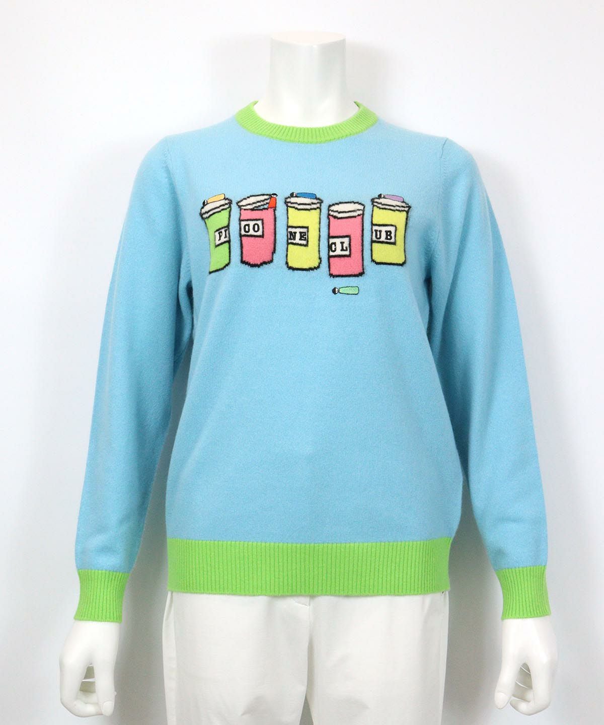 カシミヤ100％刺繍ニット（ブルー）