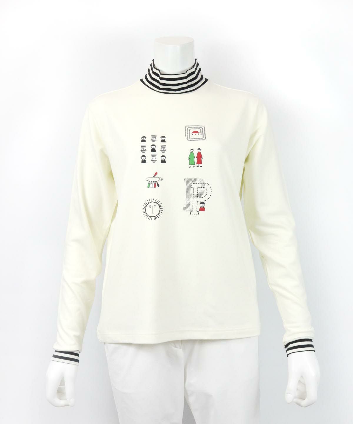 吸湿発熱ボーダー切替プルオーバー（ホワイト）前