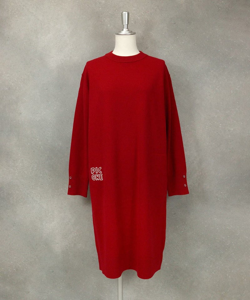 ウール100％刺繍ニットワンピース（レッド）