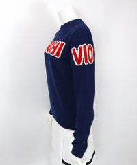 ウール混ロゴ片畦ニットサイド（ネイビー）