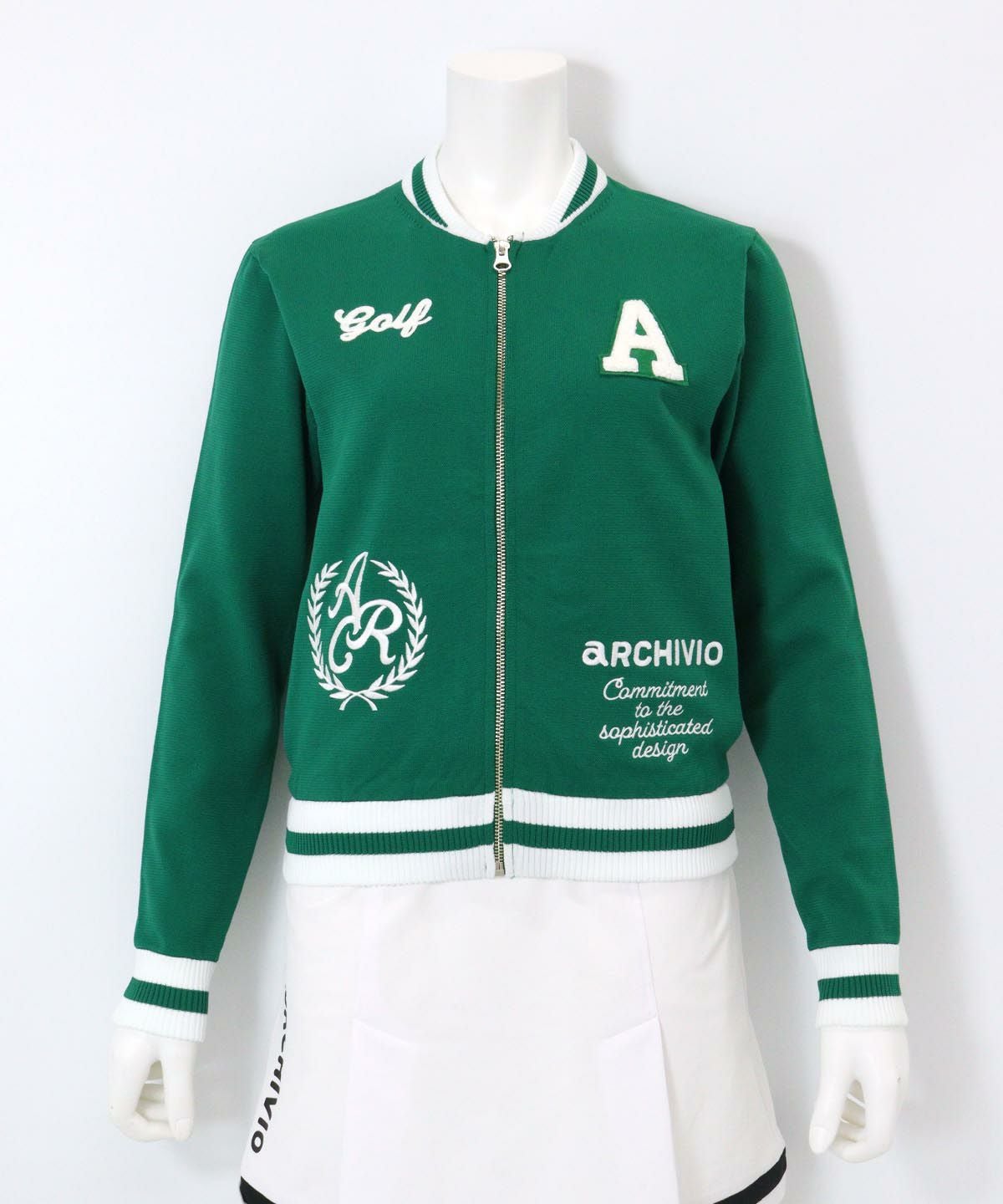 刺繍ニットジップブルゾン(グリーン)