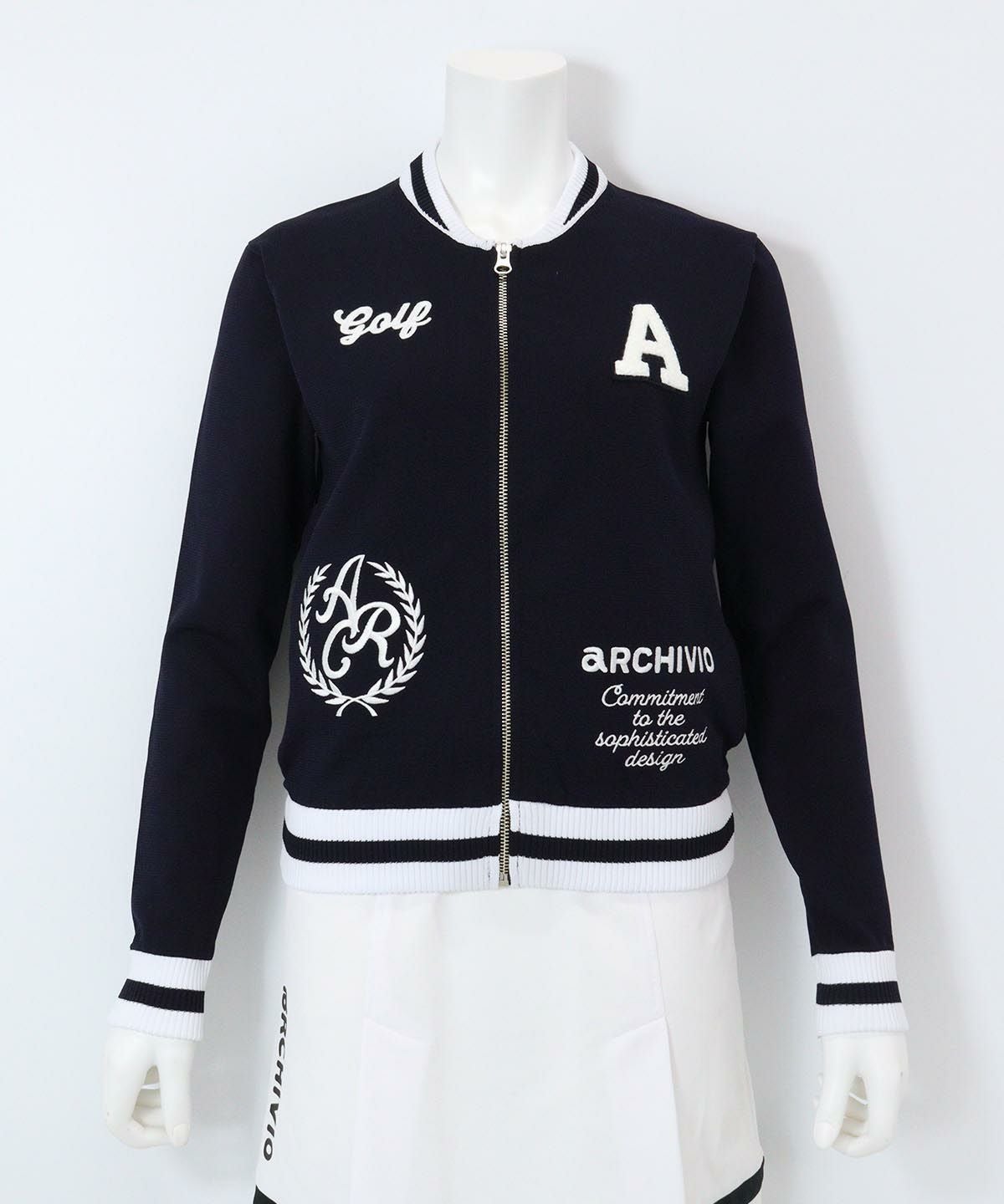 刺繍ニットジップブルゾン(ネイビー)