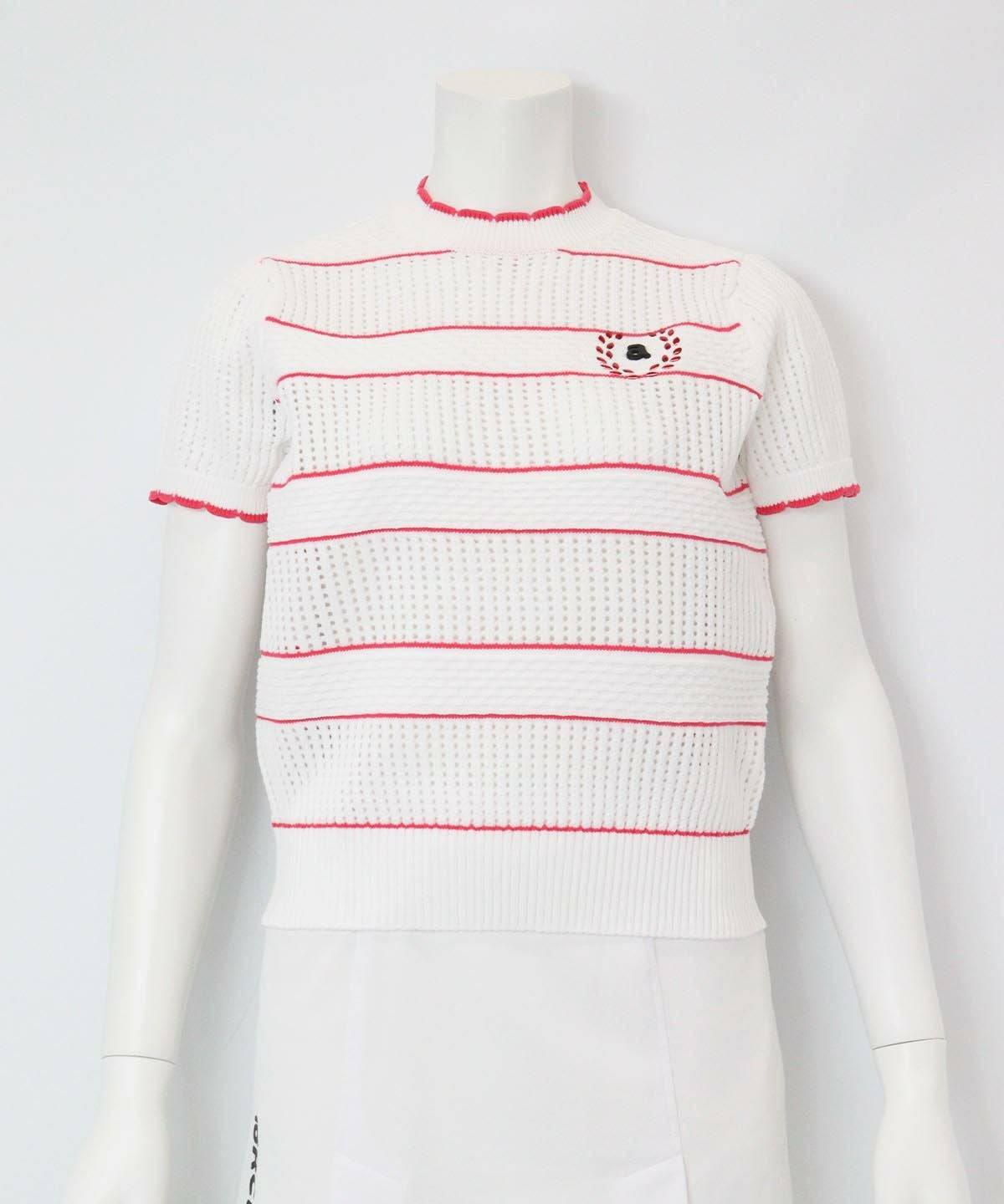 半袖メッシュニットプルオーバー（ホワイト×ピンク）