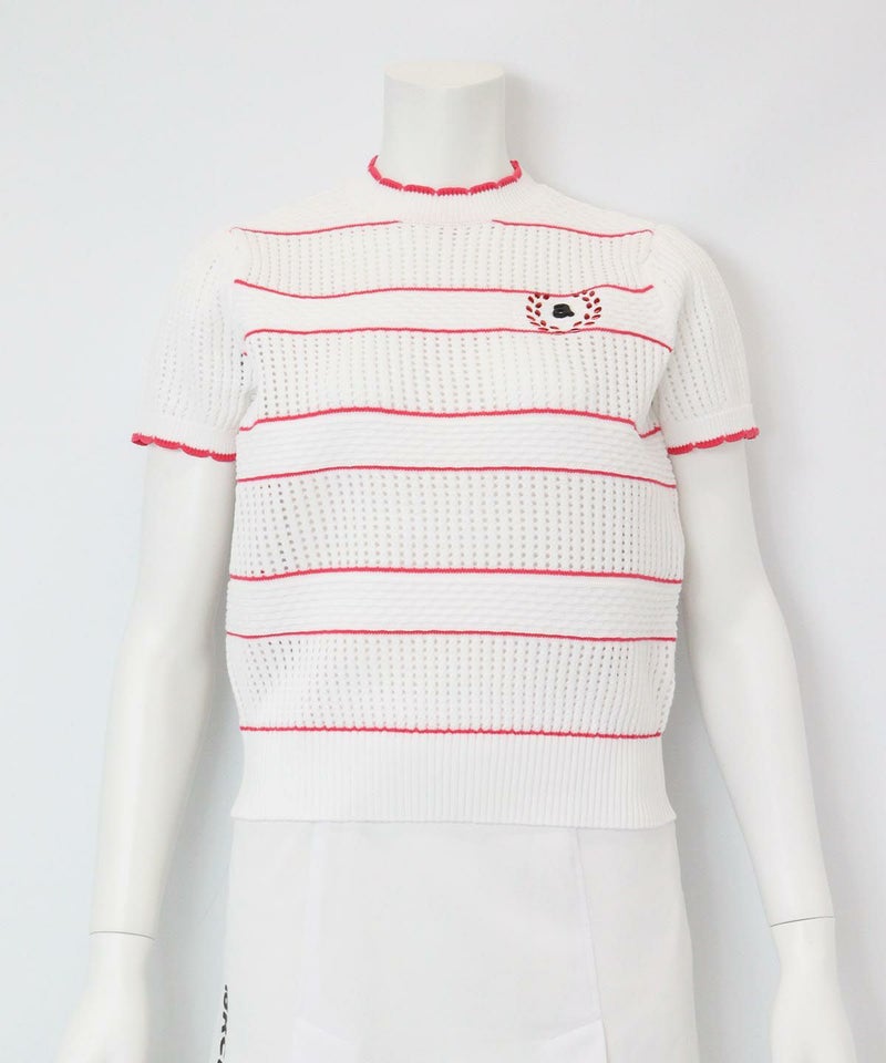 半袖メッシュニットプルオーバー（ホワイト×ピンク）