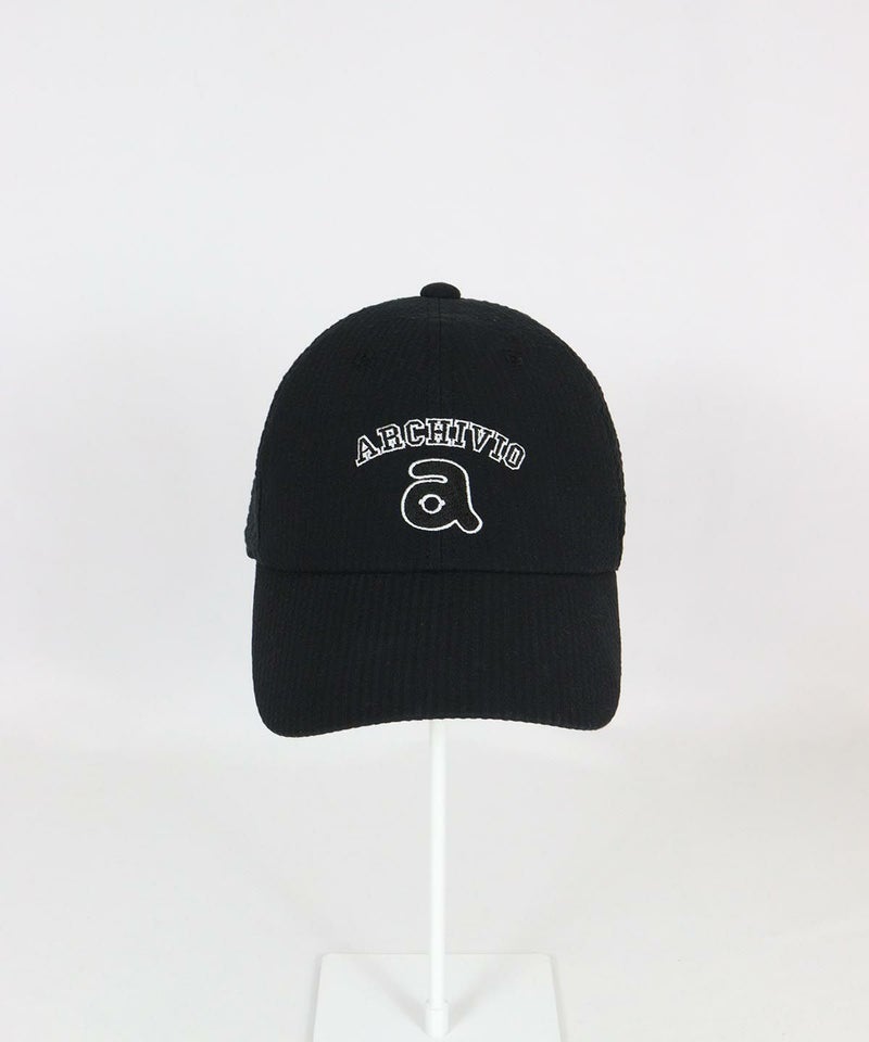 シアサッカーストライプ刺繍キャップ前（ブラック）