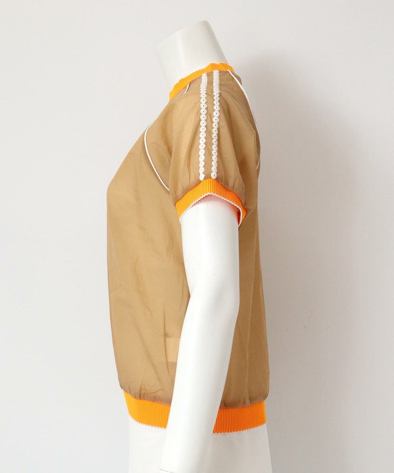 シアー半袖プルオーバー横（キャメル）