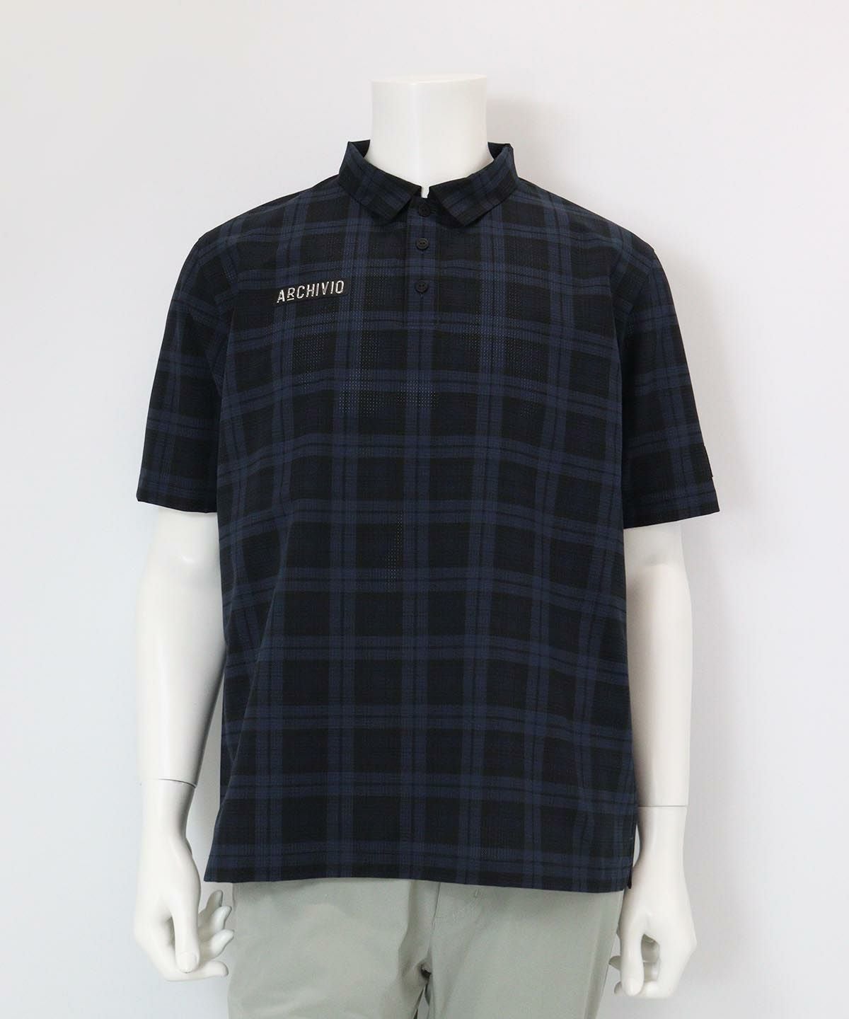 【メンズ】チェック柄撥水冷感ポロシャツ（ネイビー）