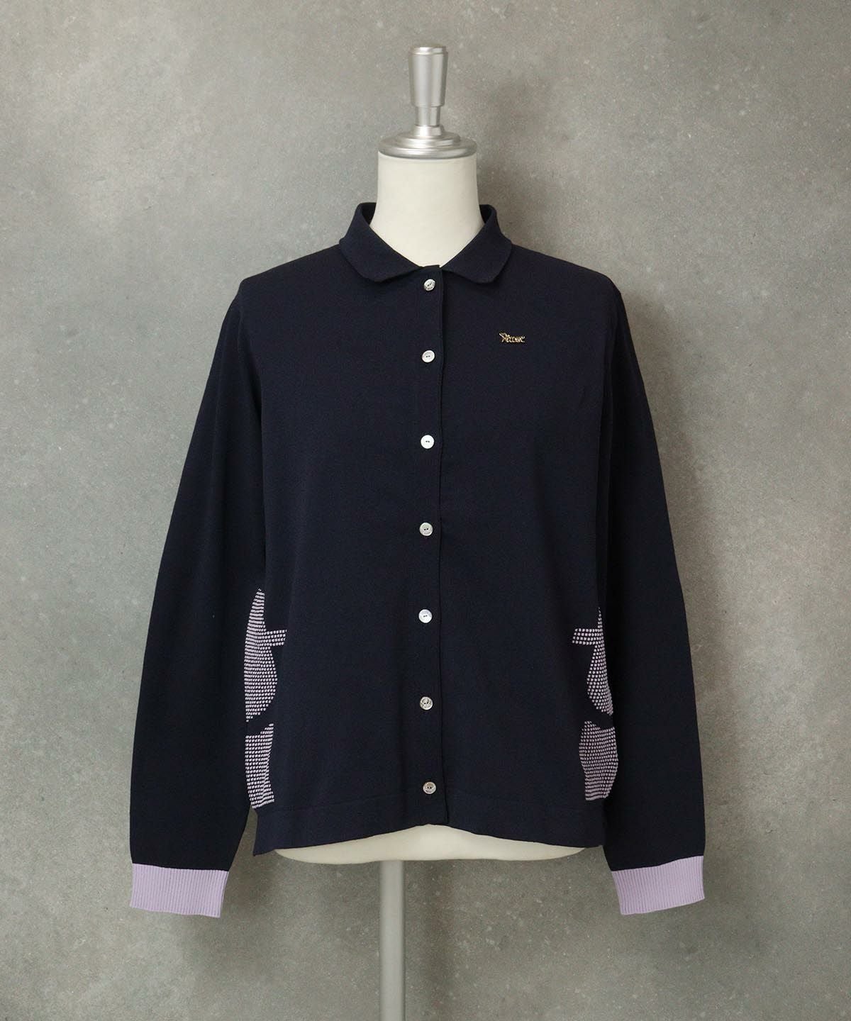襟付きピコ柄カーディガン（ネイビー）