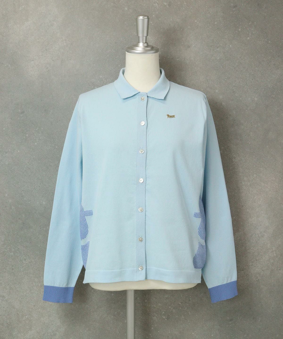 襟付きピコ柄カーディガン（ブルー）