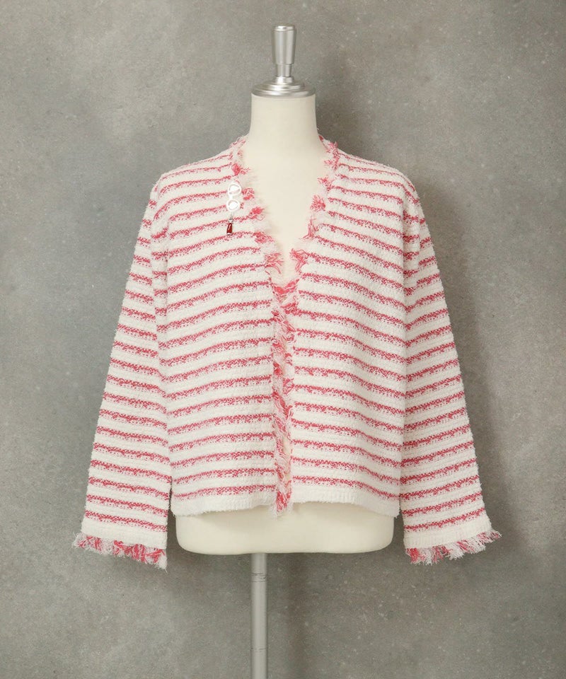 コットン混フリンジジャケット（ホワイト×ピンク）