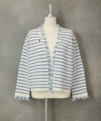 コットン混フリンジジャケット（ホワイト×ブルー）