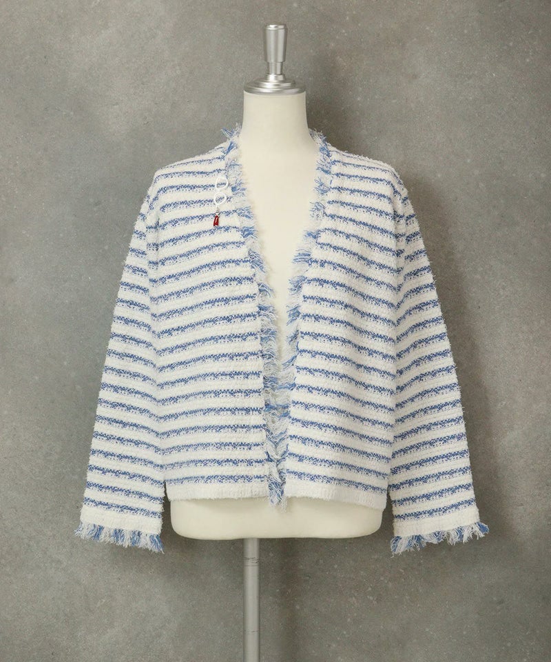 コットン混フリンジジャケット（ホワイト×ブルー）