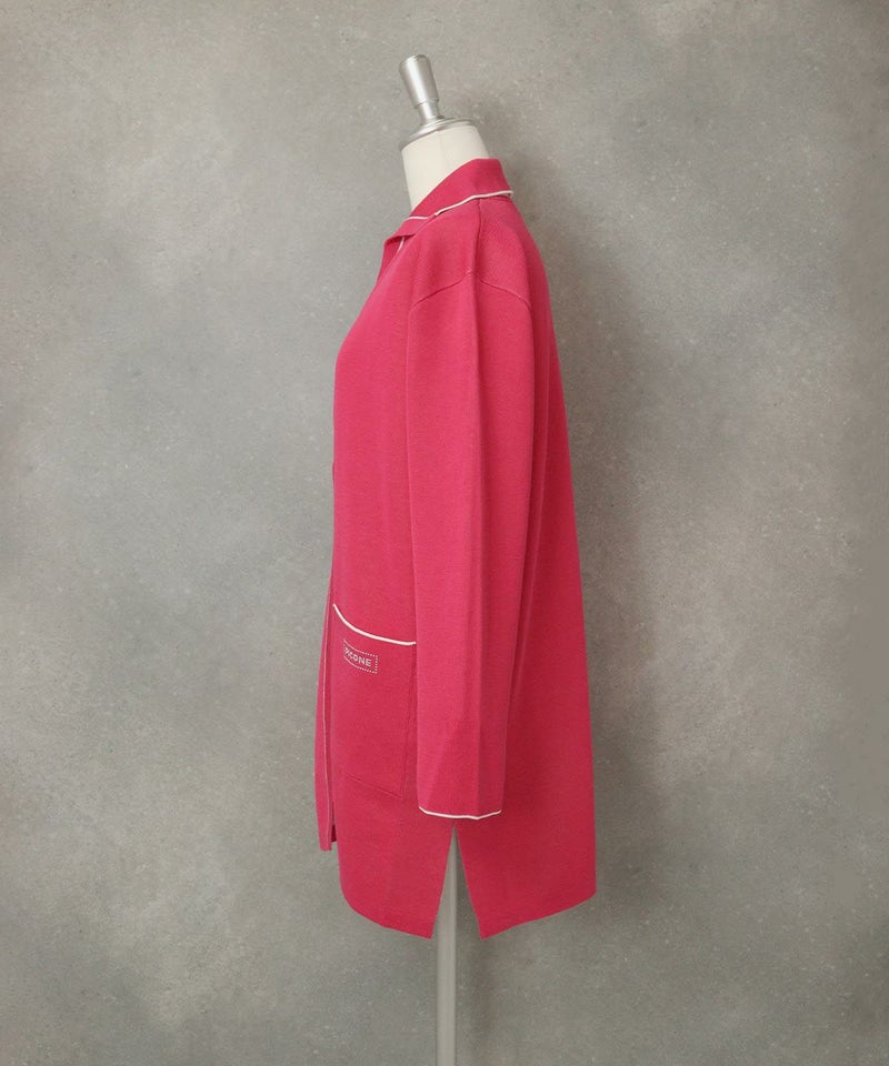 襟付きコットンカーディガン横（ピンク）