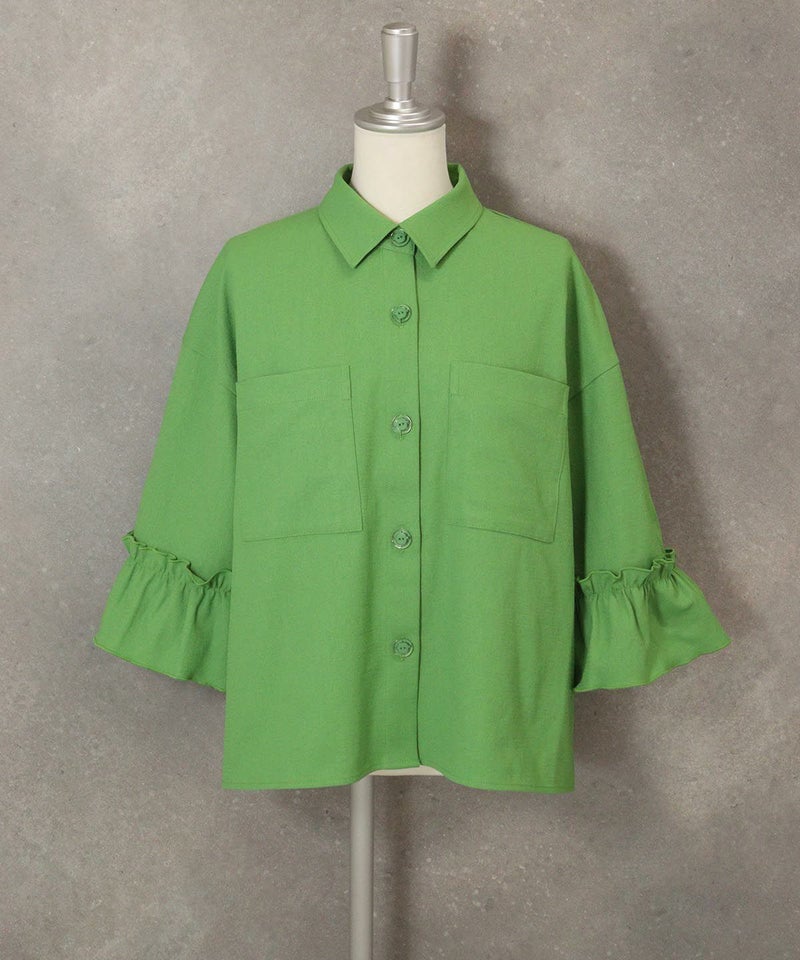 コットン混フリル袖ジャケット（グリーン）