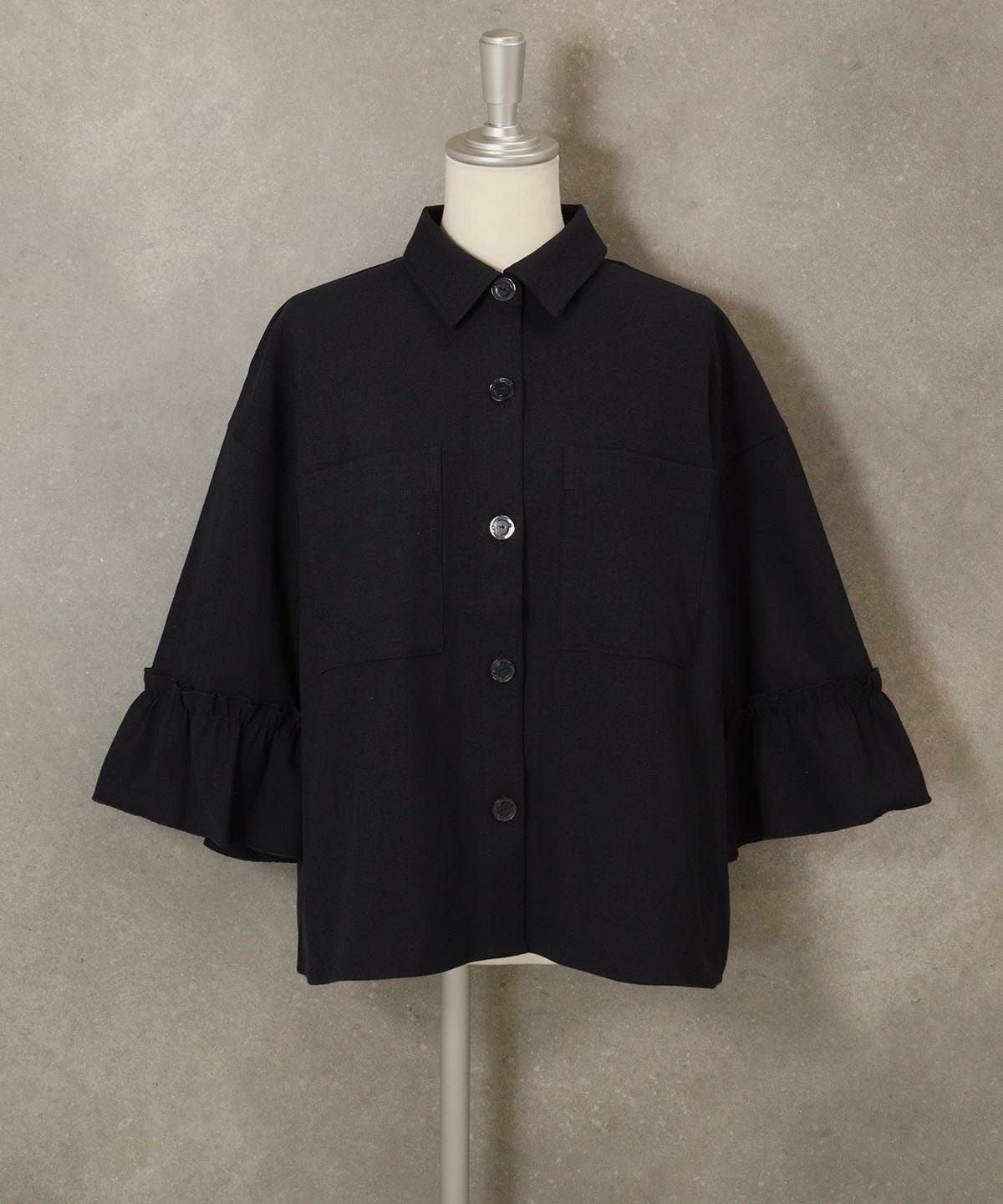 コットン混フリル袖ジャケット（ネイビー）