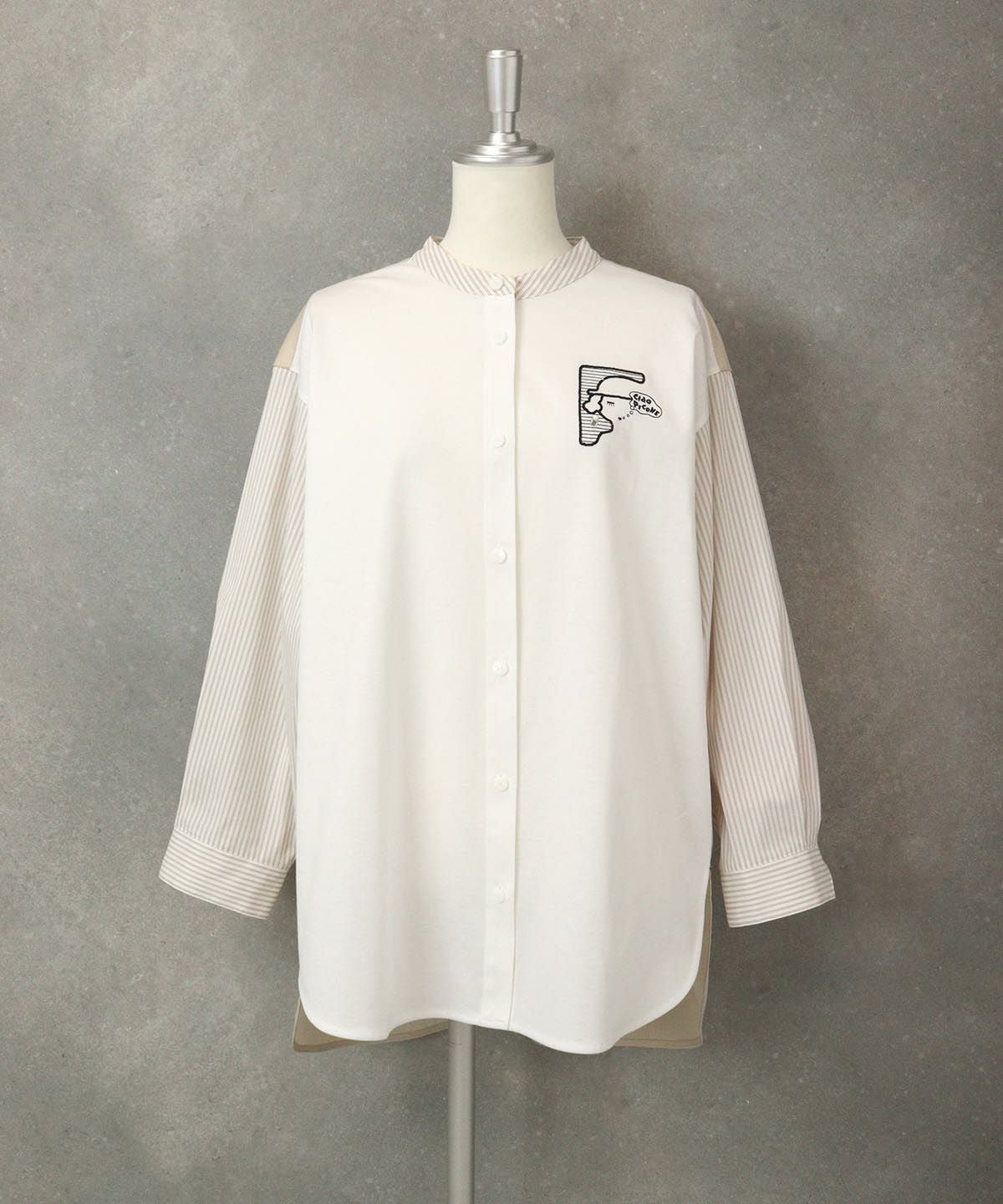 ストライプ切替シャツ（ホワイト×ベージュ）