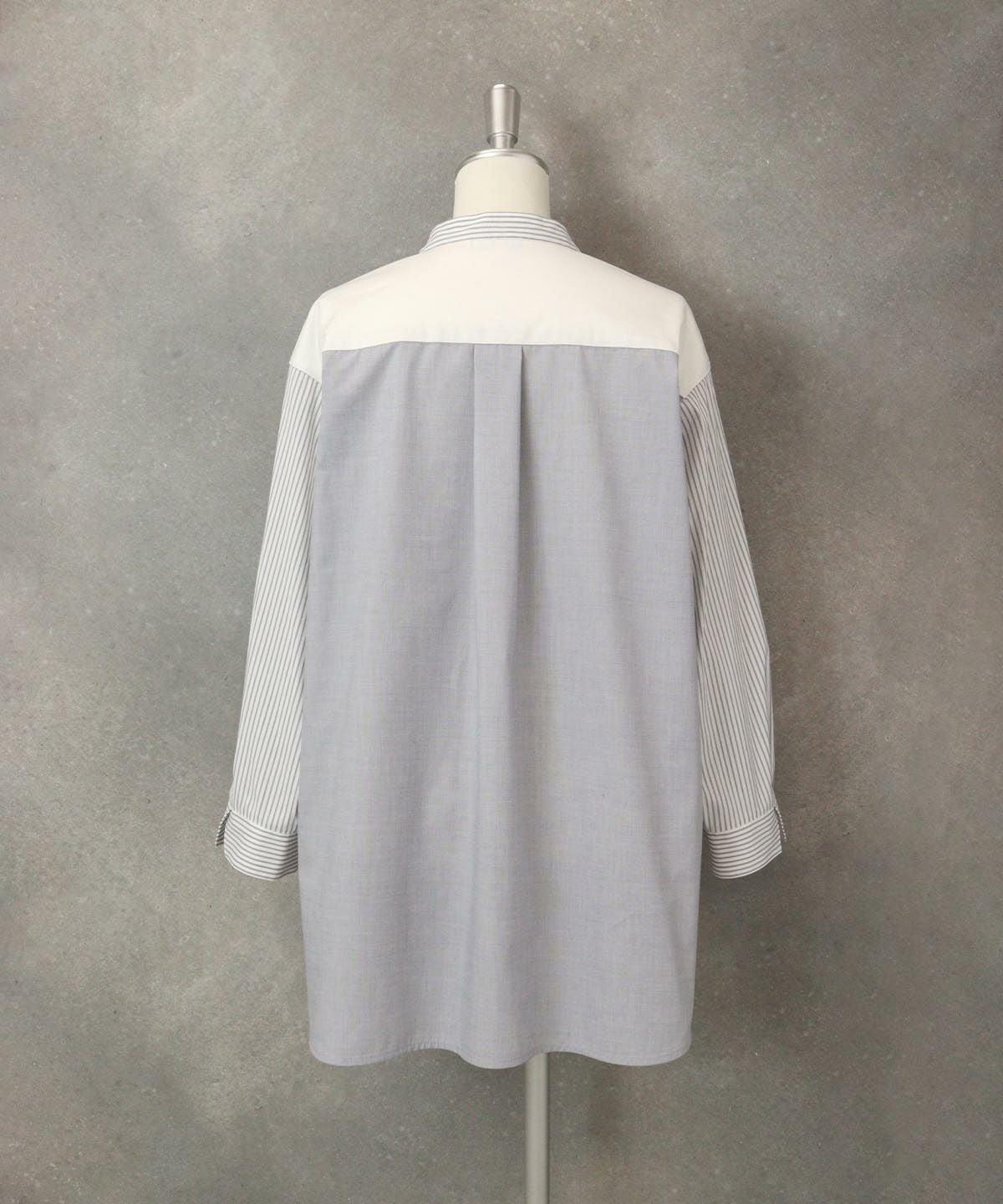 ストライプ切替シャツ後（ネイビー)