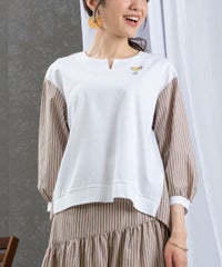 ストライプ切替プルオーバー（ホワイト×キャメル）