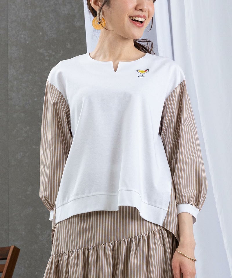 ストライプ切替プルオーバー（ホワイト×キャメル）