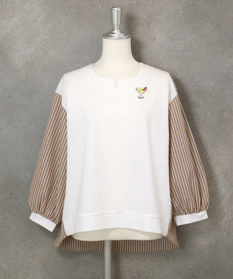 ストライプ切替プルオーバー（ホワイト×キャメル）