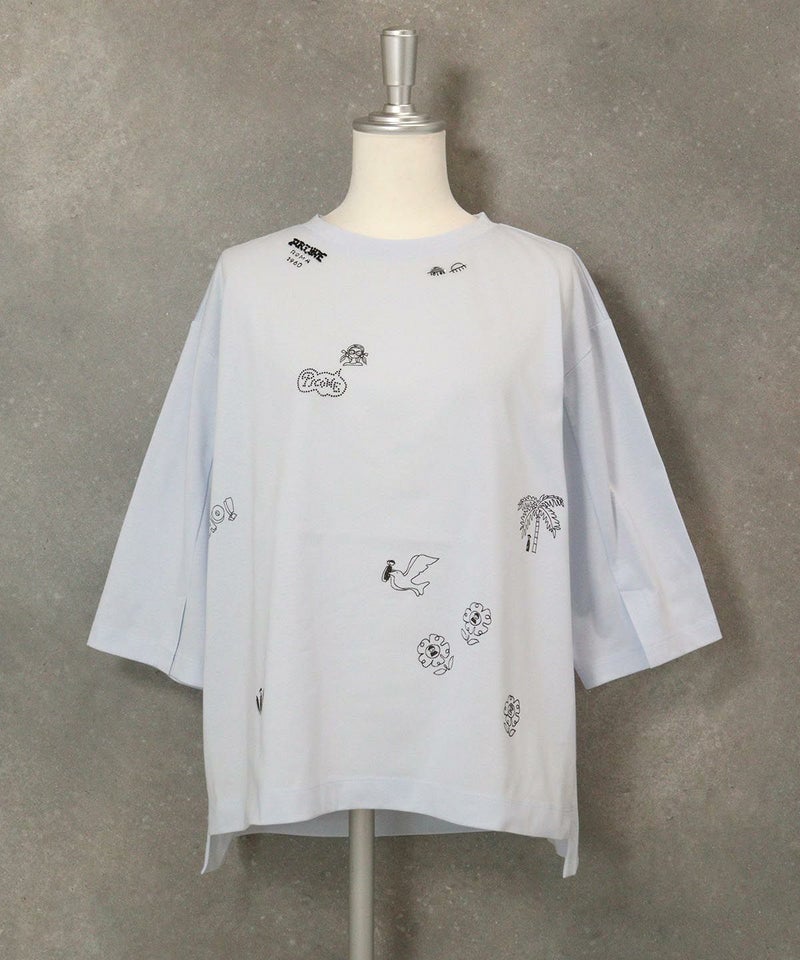 ハーフスリーブ刺繍プルオーバー（ライトブルー）