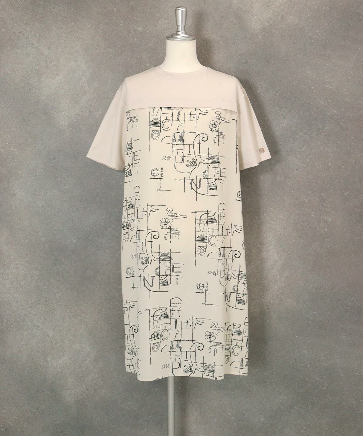 シフォン切替線画冷感ワンピース(ベージュ）