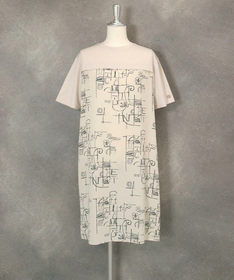 シフォン切替線画冷感ワンピース(ベージュ）