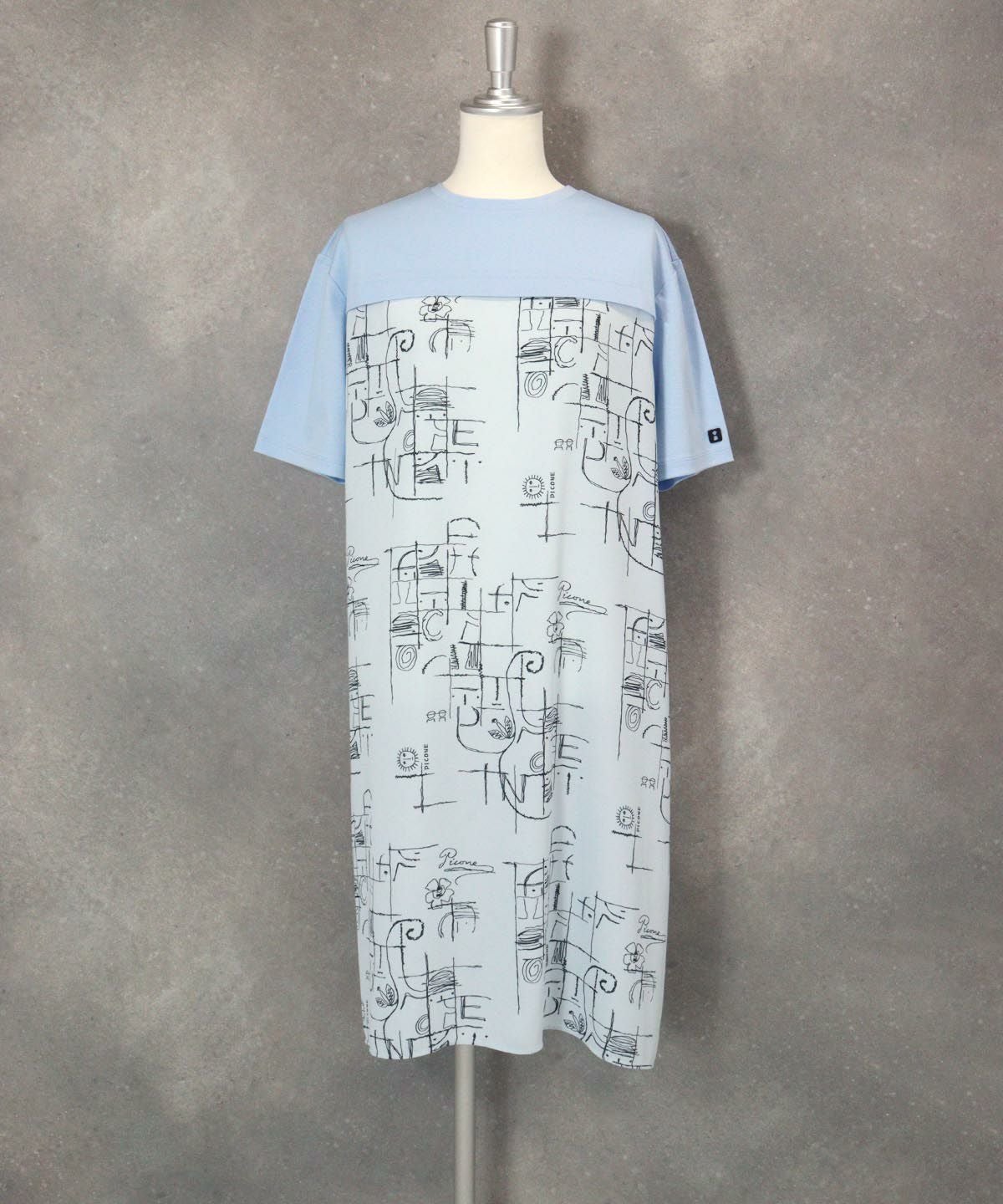 シフォン切替線画冷感ワンピース(ブルー）