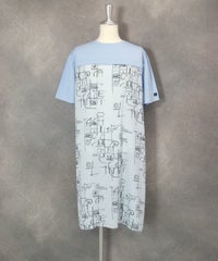 シフォン切替線画冷感ワンピース(ブルー）