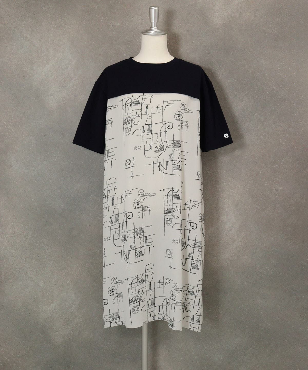 シフォン切替線画冷感ワンピース(ライトグレー）