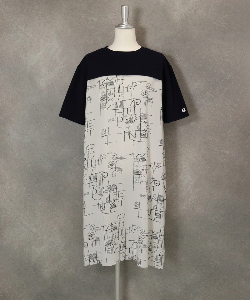 シフォン切替線画冷感ワンピース(ライトグレー）