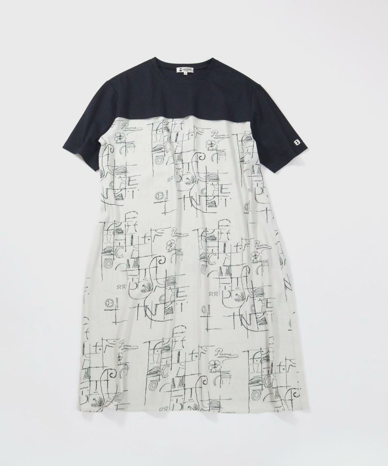 シフォン切替線画冷感ワンピース(ライトグレー）