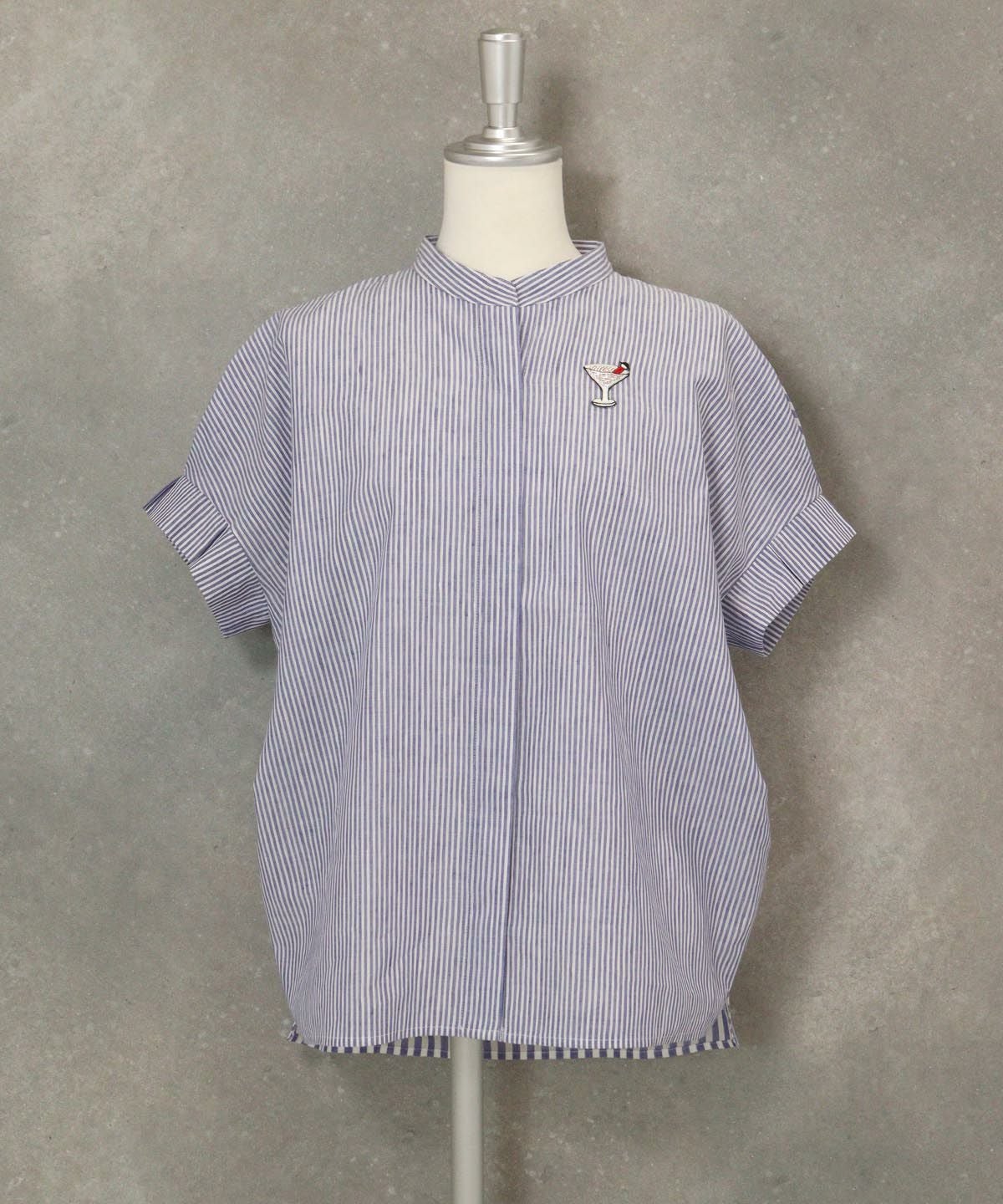 コットン×麻ストライプブラウス（ネイビー）