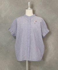 コットン×麻ストライプブラウス（ネイビー）