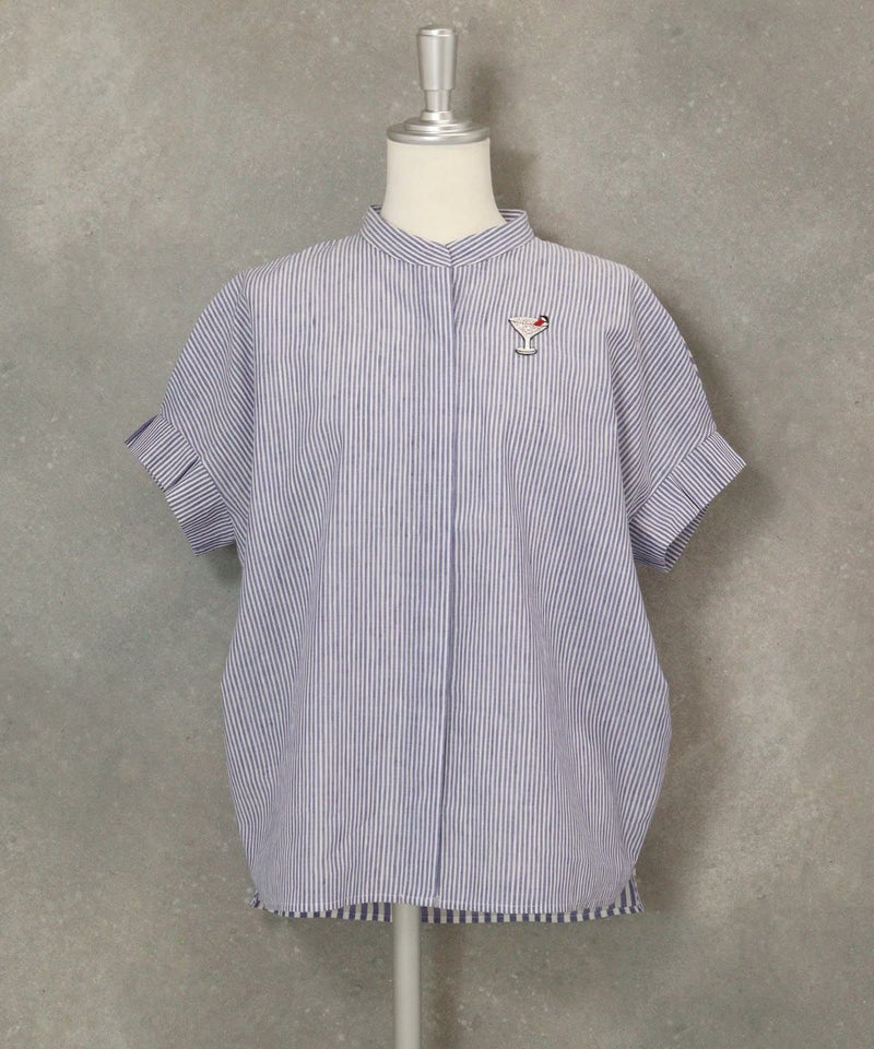 コットン×麻ストライプブラウス（ネイビー）