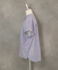 コットン×麻ストライプブラウス横（ネイビー）