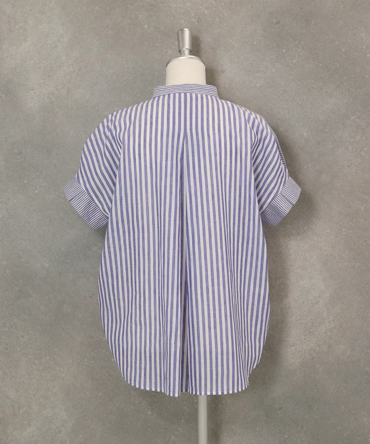 コットン×麻ストライプブラウス後（ネイビー）
