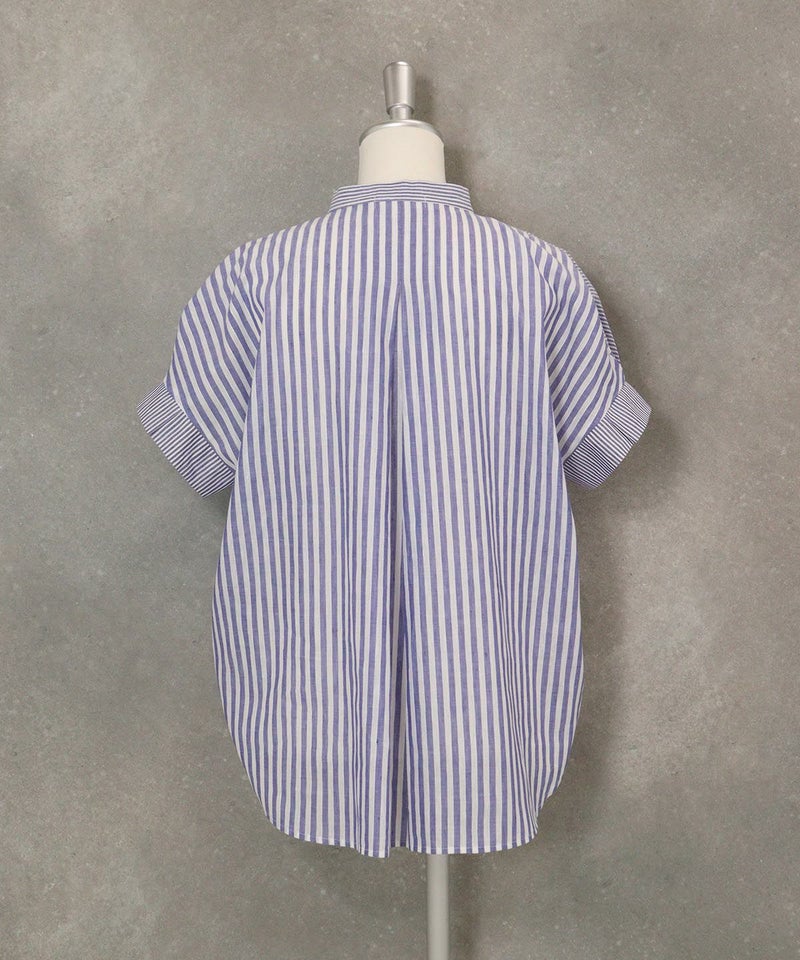 コットン×麻ストライプブラウス後（ネイビー）