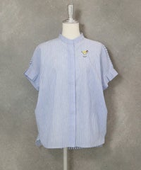 コットン×麻ストライプブラウス（ブルー）