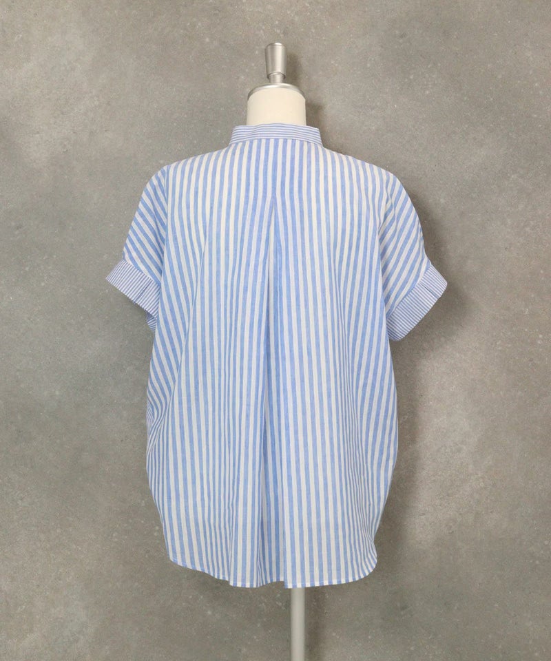 コットン×麻ストライプブラウス後（ブルー）