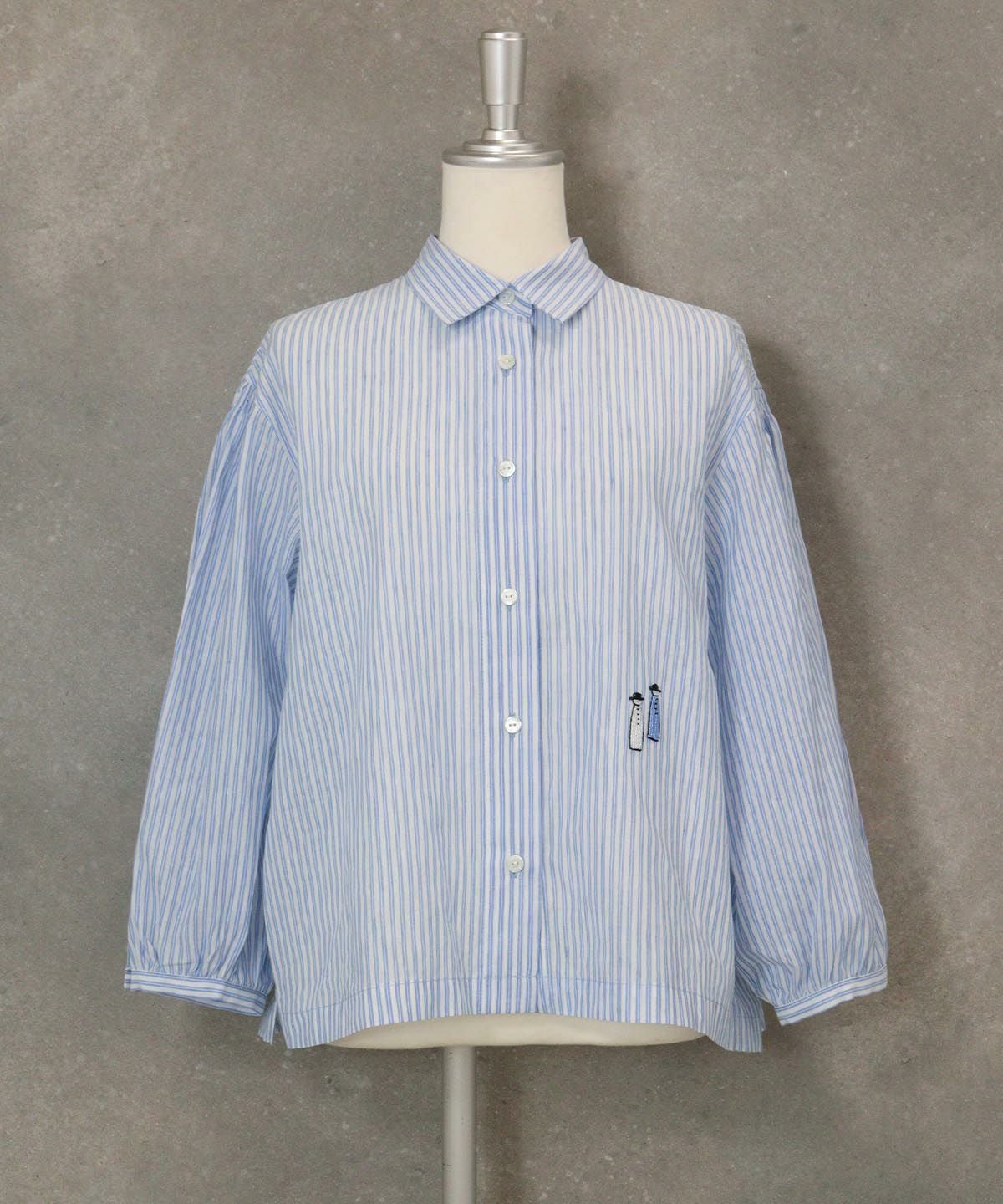 ストライプギャザーブラウス（ブルー）