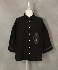 麻100％エンブロイダリーブラウス(ブラック)