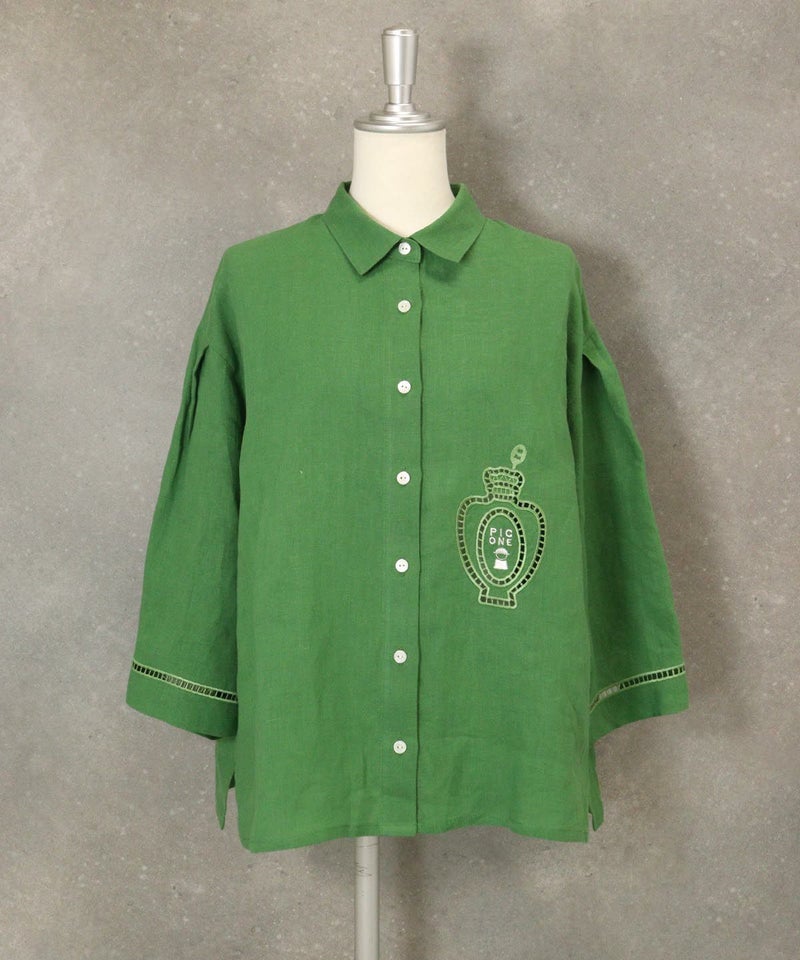 麻100％エンブロイダリーブラウス(グリーン)