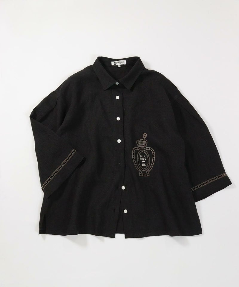 麻100％エンブロイダリーブラウス(ブラック)