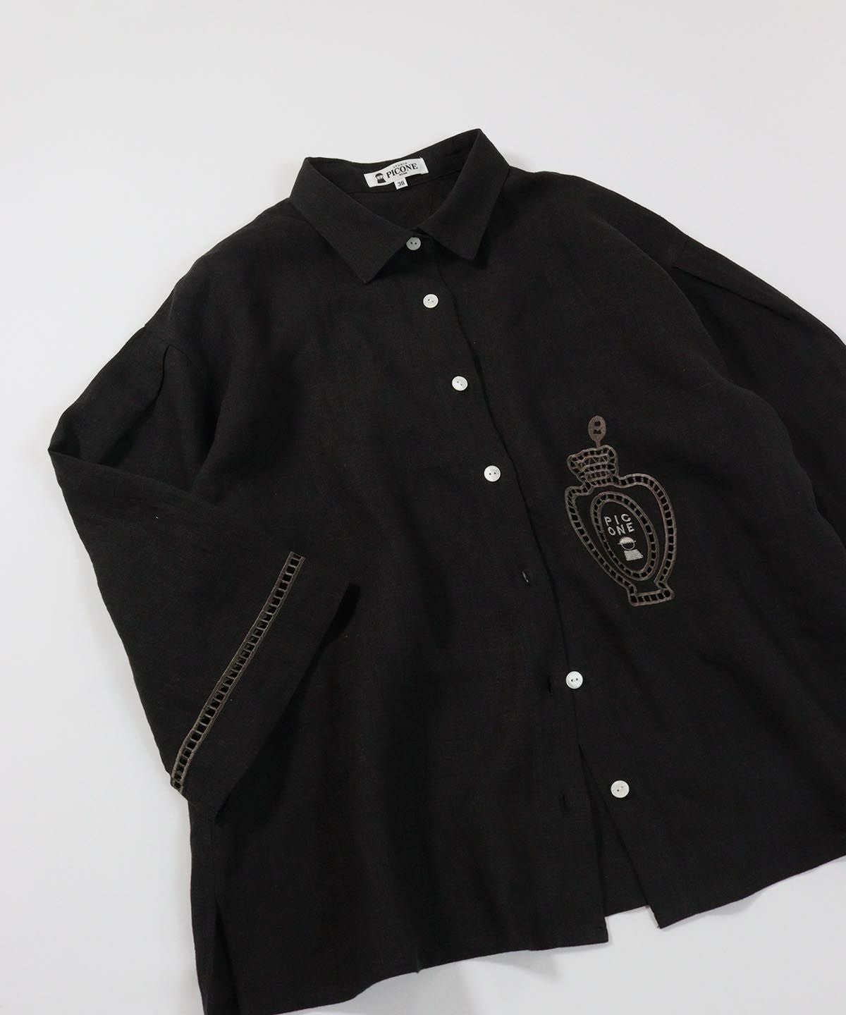 麻100％エンブロイダリーブラウス(ブラック)