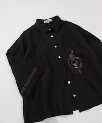 麻100％エンブロイダリーブラウス(ブラック)