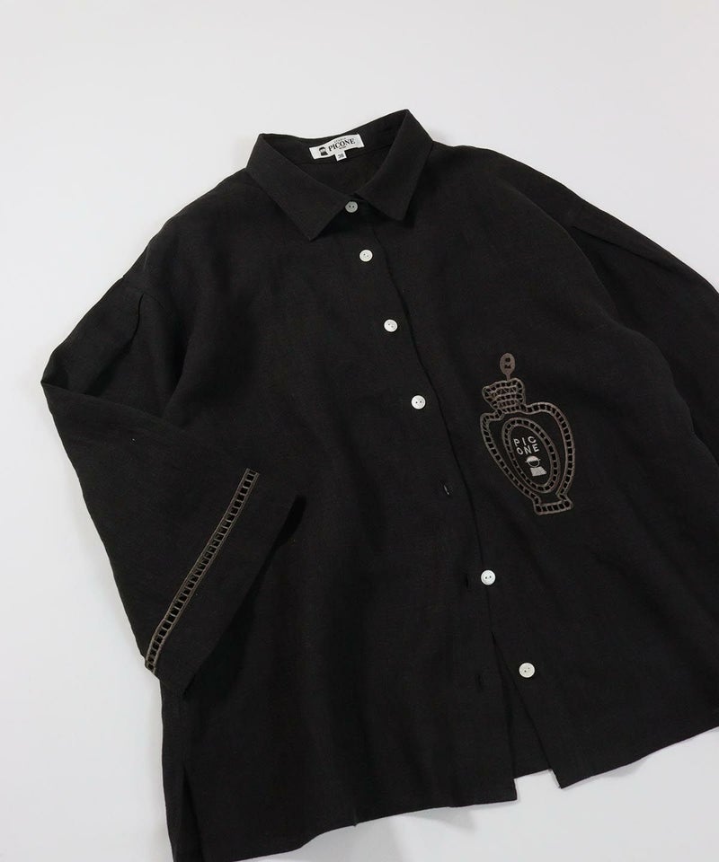 麻100％エンブロイダリーブラウス(ブラック)