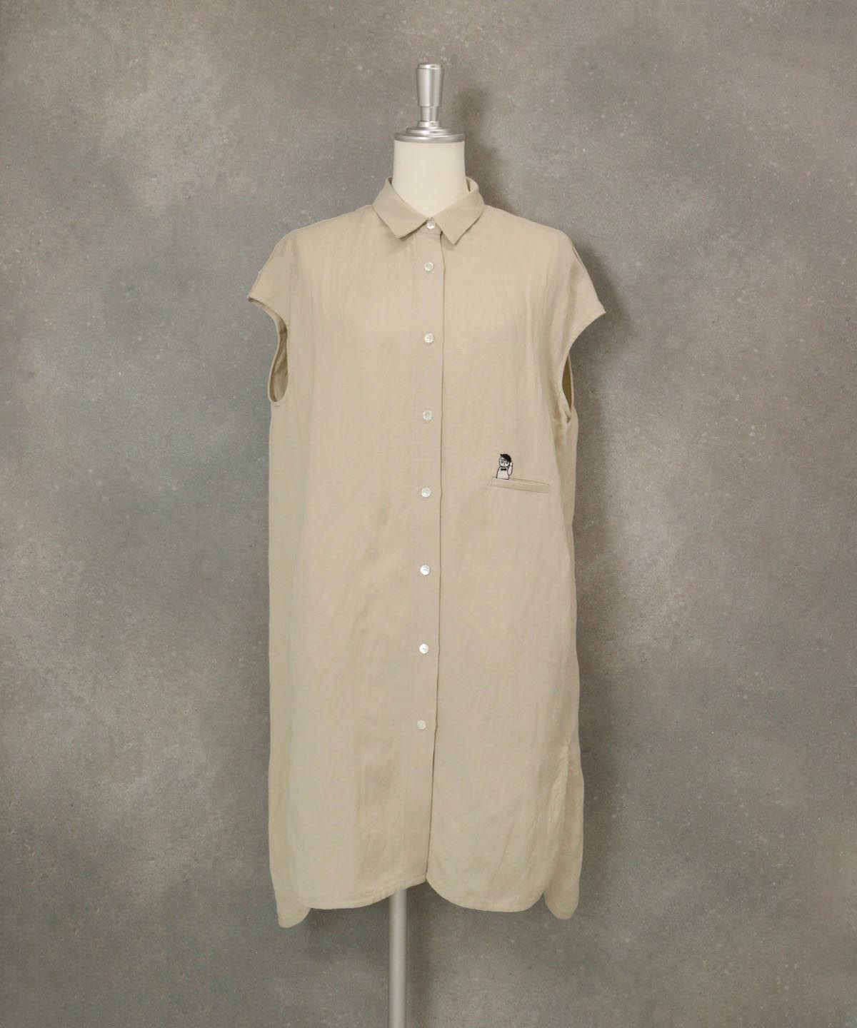 麻混冷感ロングブラウス後（ベージュ）