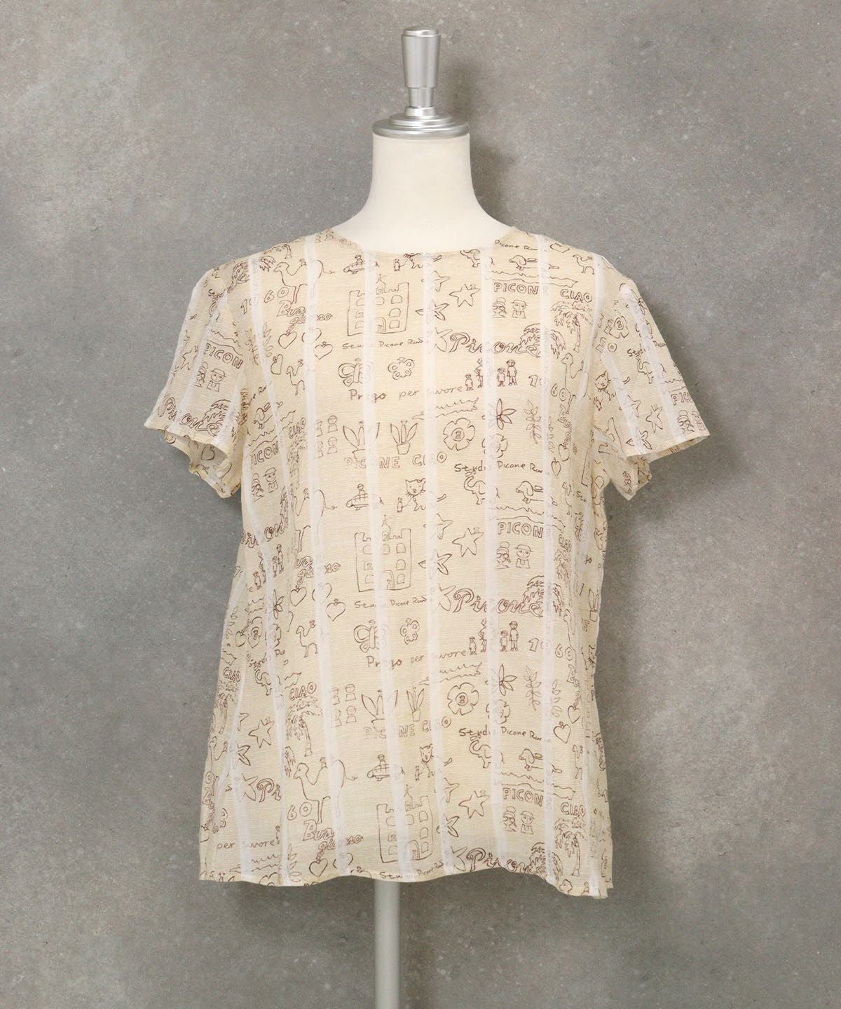 麻100％ストライプ総柄ブラウス(ベージュ)